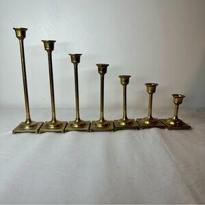 Vintage Brass Tulip Candlestick Set of 7 Graduated Heights 3"-9" MCM Square Base
